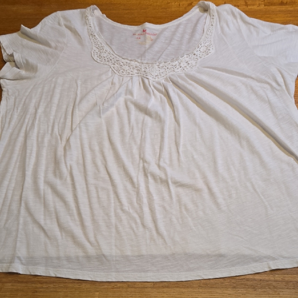 Woman Within 1XL White Short Sleeve Round Lace Accent Ruffle Neck Cotton Top